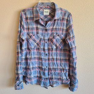 Mudd Blue Red White and Tan Long Sleeved Vintage Denim Plaid Juniors Shirt Large